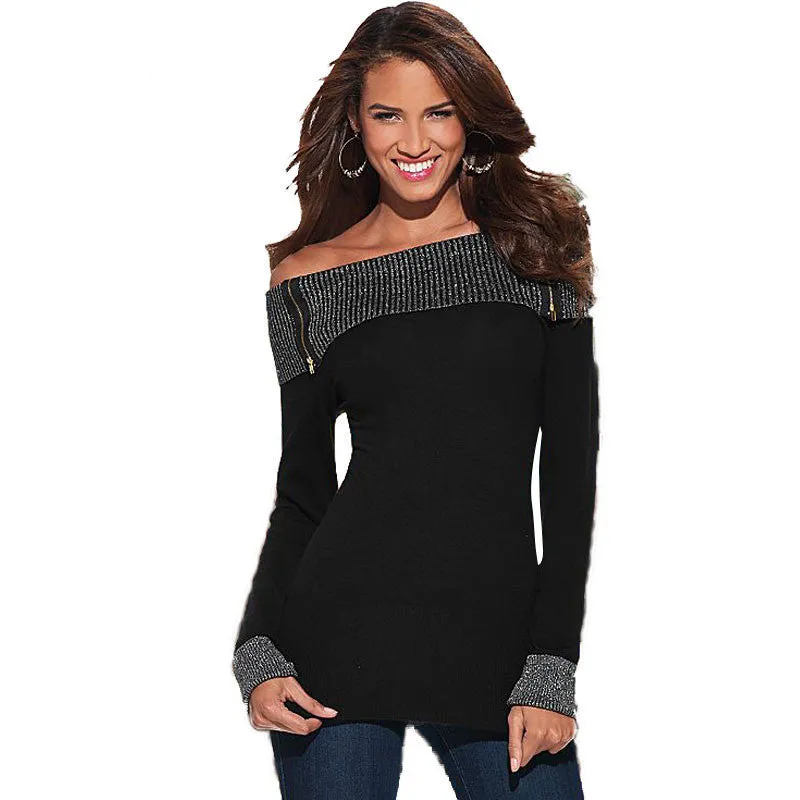 Fashion Long Sleeve Slash Neck T Shirt Women Black Off Shoulder Tops Silver line Patchwork Plus Size Tops