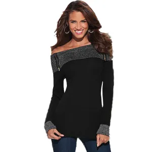Fashion Long Sleeve Slash Neck T Shirt Women Black Off Shoulder Tops Silver line Patchwork Plus Size Tops
