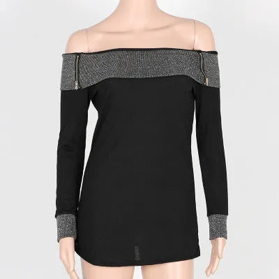 Fashion Long Sleeve Slash Neck T Shirt Women Black Off Shoulder Tops Silver line Patchwork Plus Size Tops