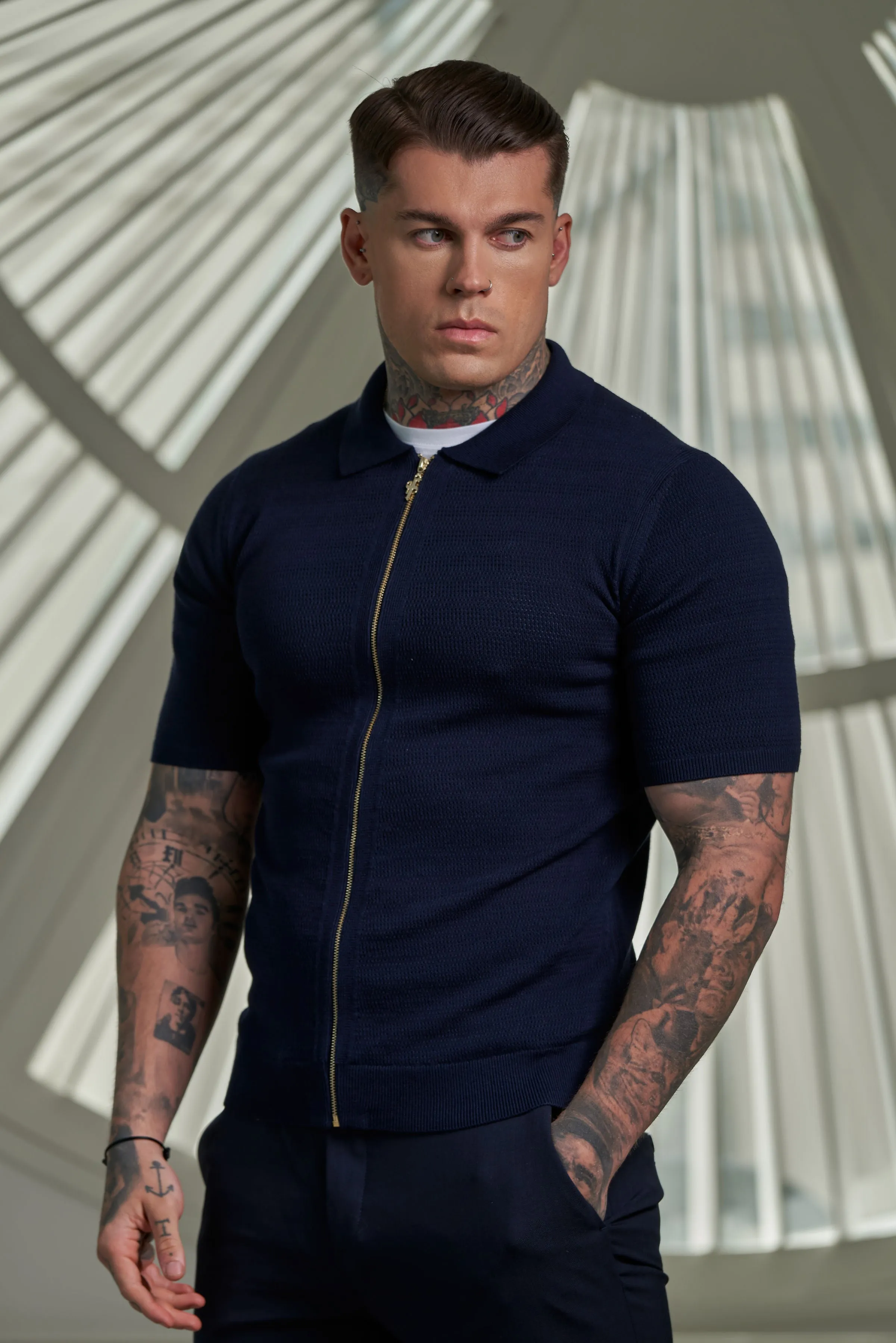 Father Sons Classic Knitted Textured Design With Full Length Zip Navy Short Sleeve - FSN153