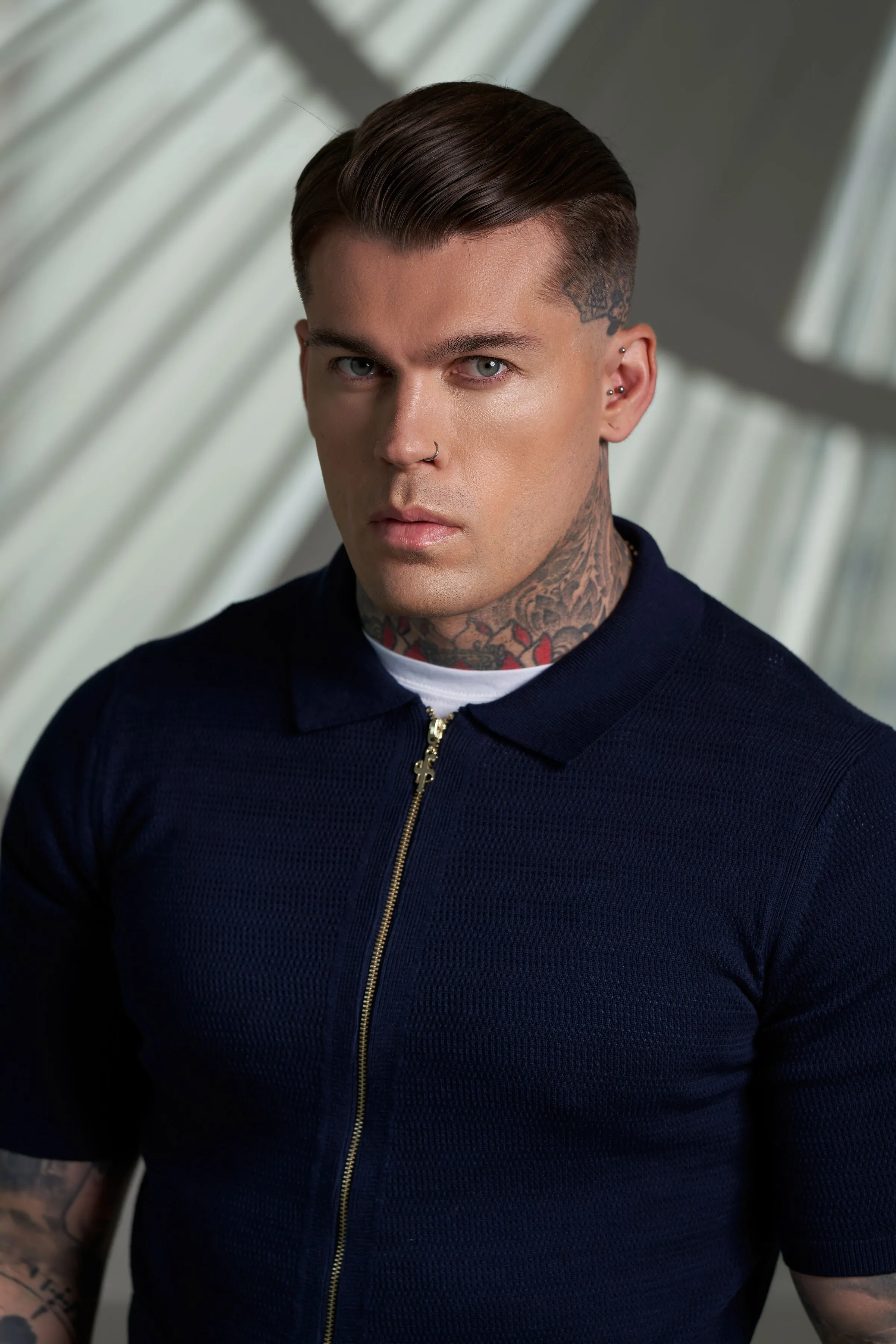Father Sons Classic Knitted Textured Design With Full Length Zip Navy Short Sleeve - FSN153