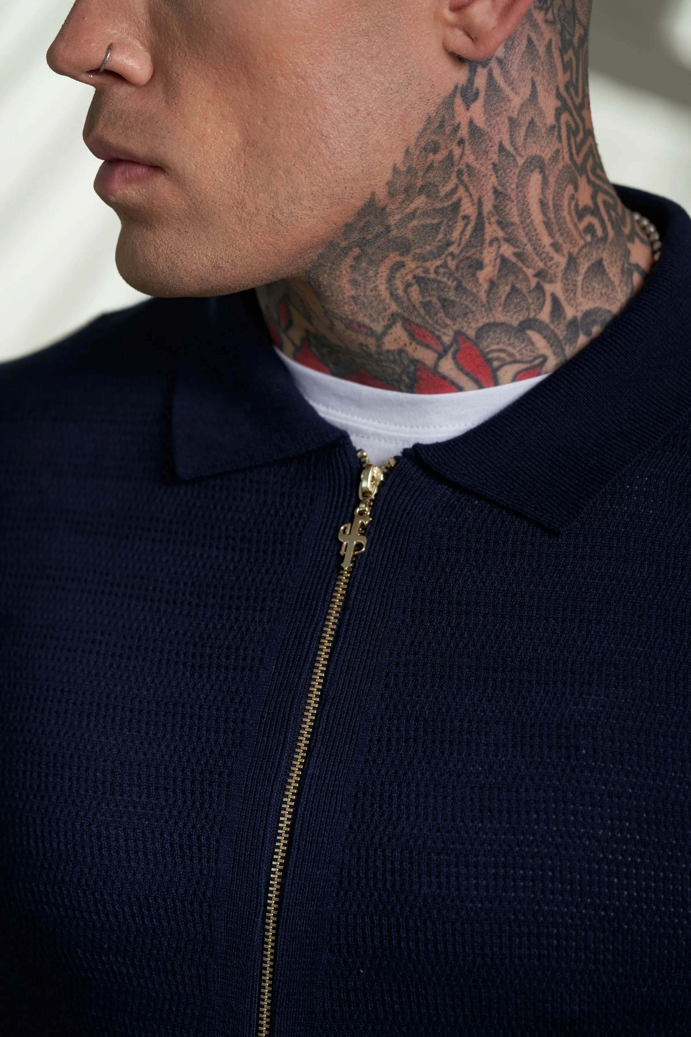 Father Sons Classic Knitted Textured Design With Full Length Zip Navy Short Sleeve - FSN153