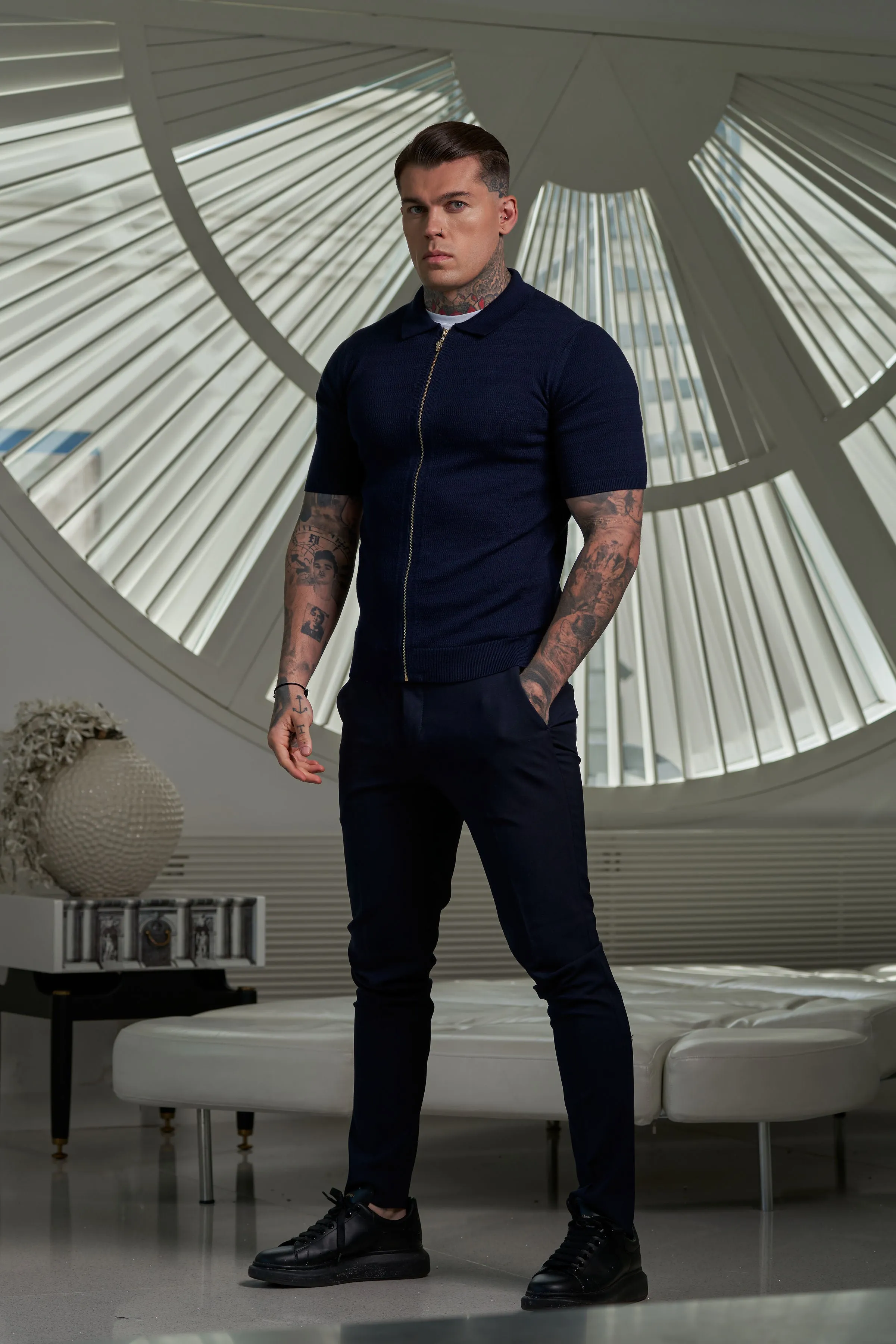 Father Sons Classic Knitted Textured Design With Full Length Zip Navy Short Sleeve - FSN153