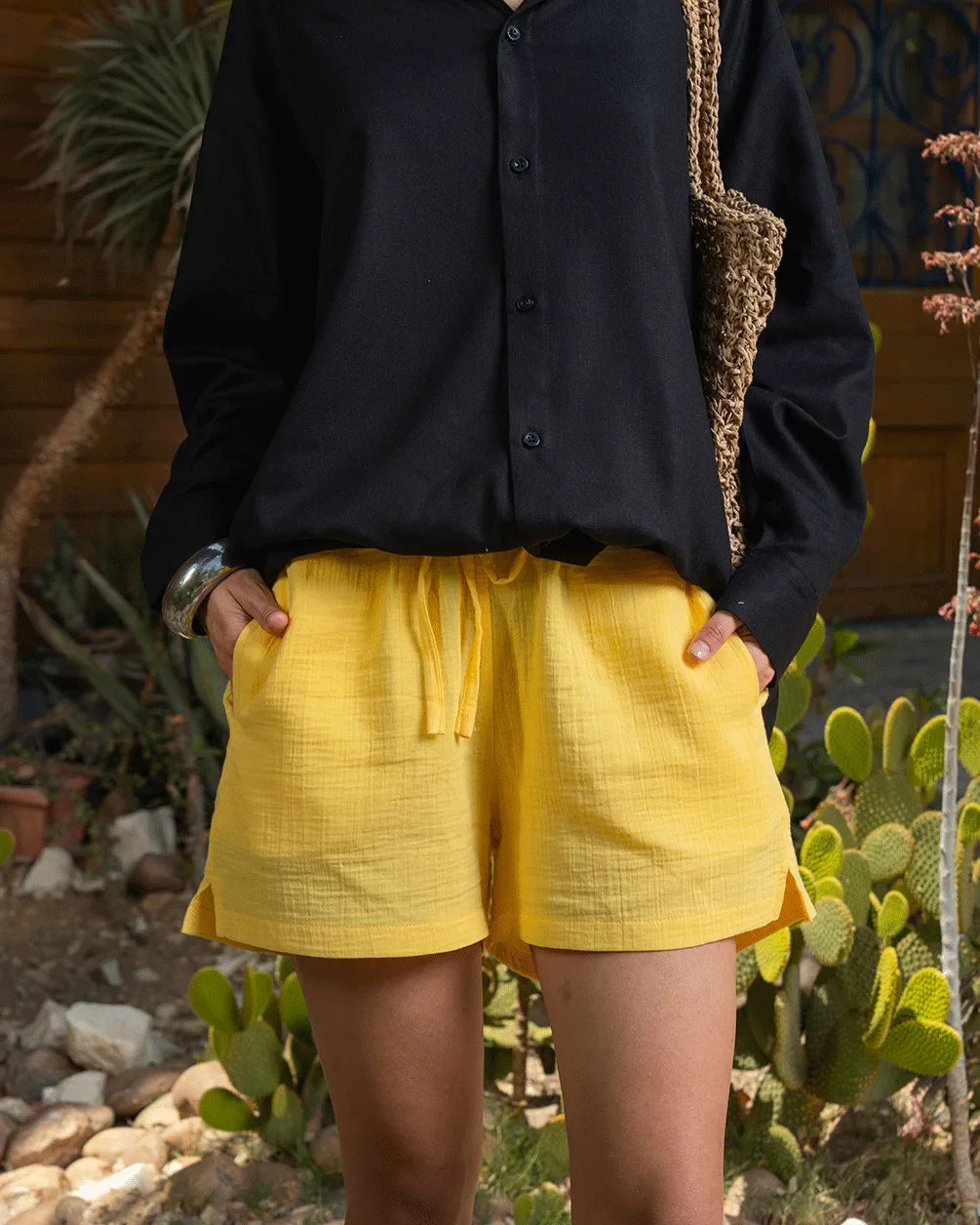 Female Yellow Crinkled Shorts