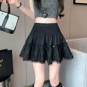 Flattering Puffed Elastic Waist Skirt Featuring Elegant Lace Trim