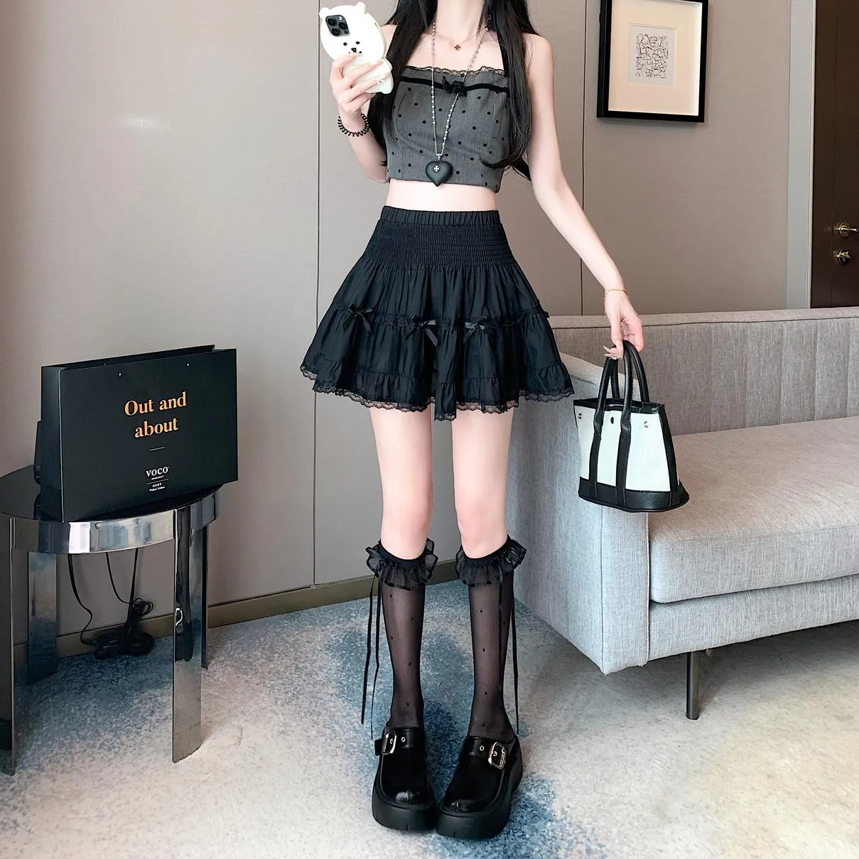 Flattering Puffed Elastic Waist Skirt Featuring Elegant Lace Trim