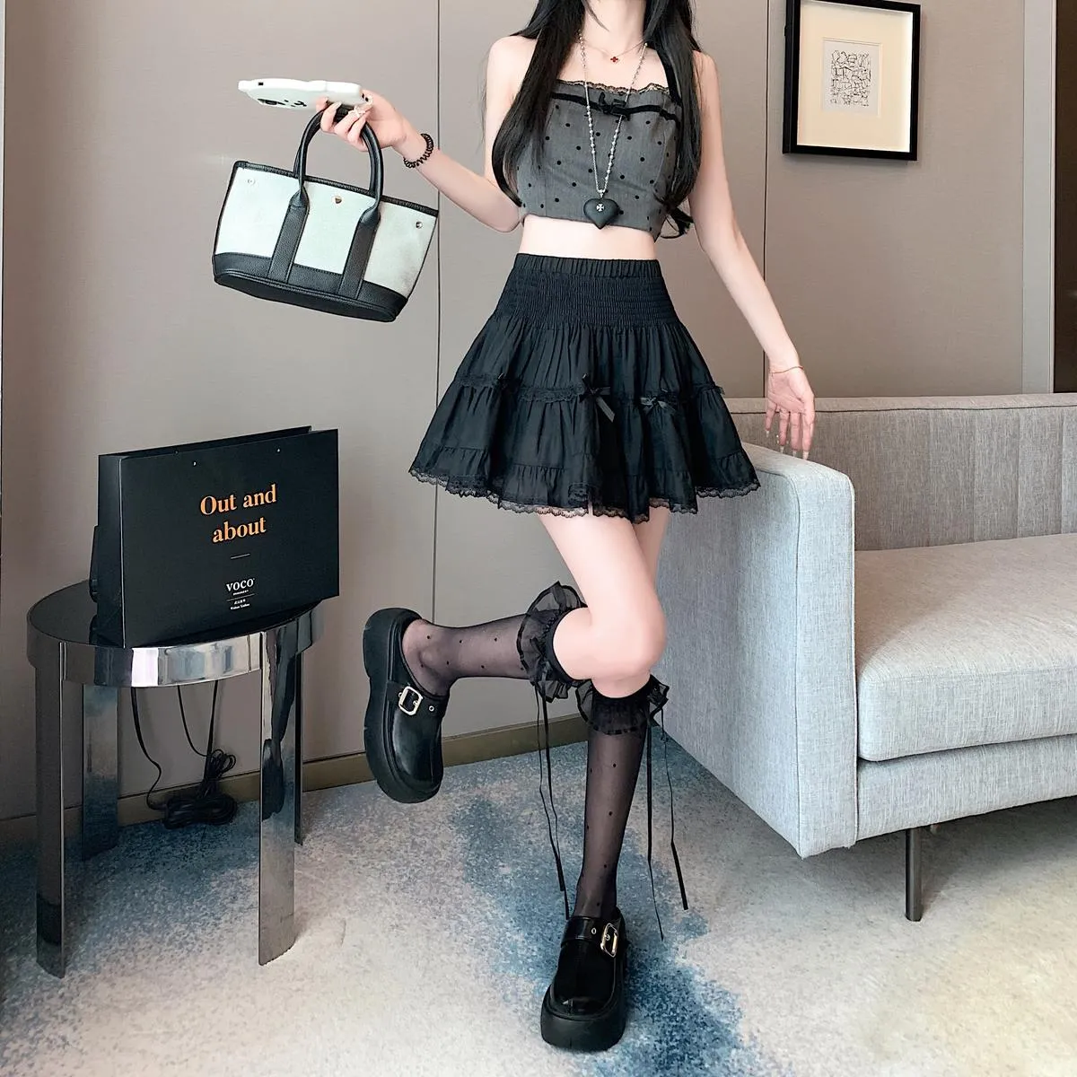 Flattering Puffed Elastic Waist Skirt Featuring Elegant Lace Trim