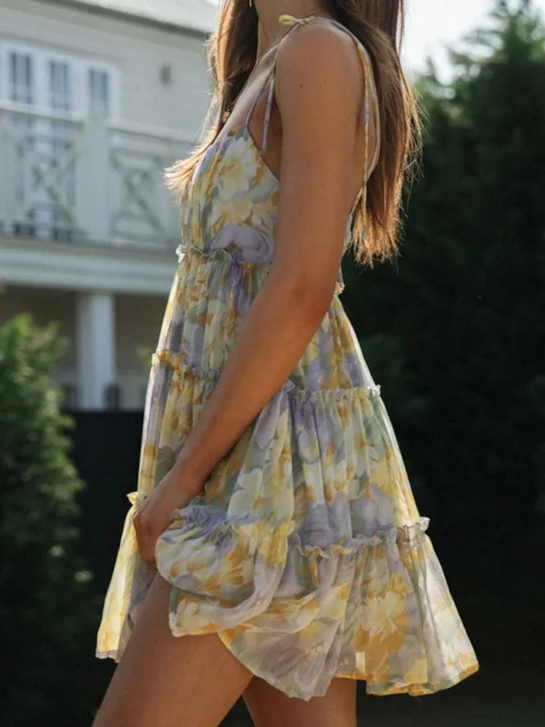 Floral Mini Dress with Tiered Ruffles and Spaghetti Straps