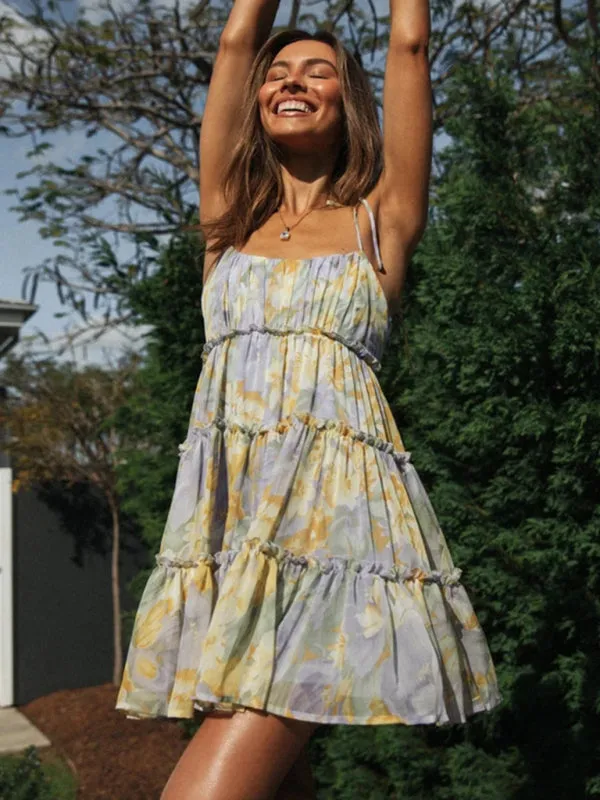 Floral Mini Dress with Tiered Ruffles and Spaghetti Straps