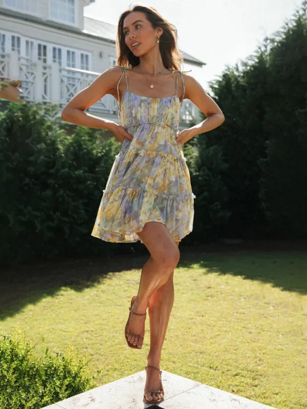 Floral Mini Dress with Tiered Ruffles and Spaghetti Straps