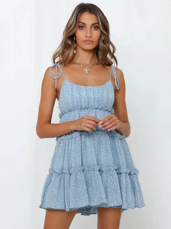 Floral Mini Dress with Tiered Ruffles and Spaghetti Straps