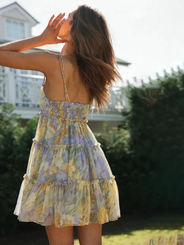 Floral Mini Dress with Tiered Ruffles and Spaghetti Straps
