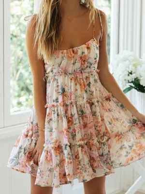 Floral Mini Dress with Tiered Ruffles and Spaghetti Straps