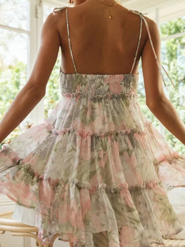 Floral Mini Dress with Tiered Ruffles and Spaghetti Straps
