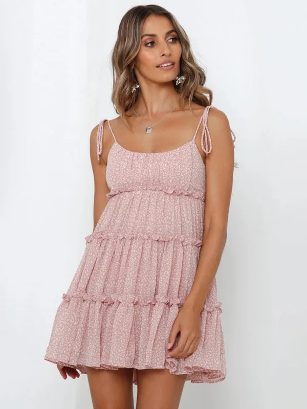 Floral Mini Dress with Tiered Ruffles and Spaghetti Straps