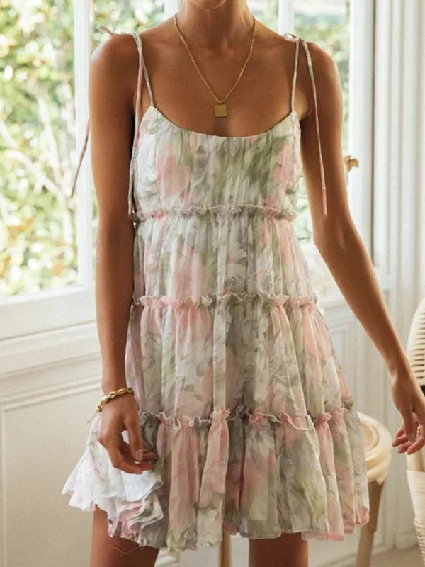 Floral Mini Dress with Tiered Ruffles and Spaghetti Straps