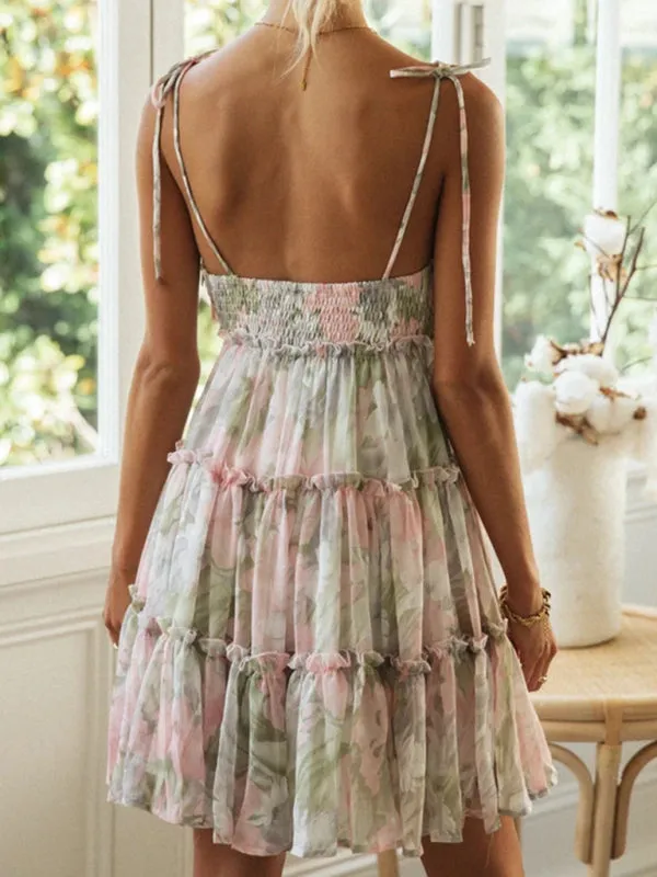 Floral Mini Dress with Tiered Ruffles and Spaghetti Straps