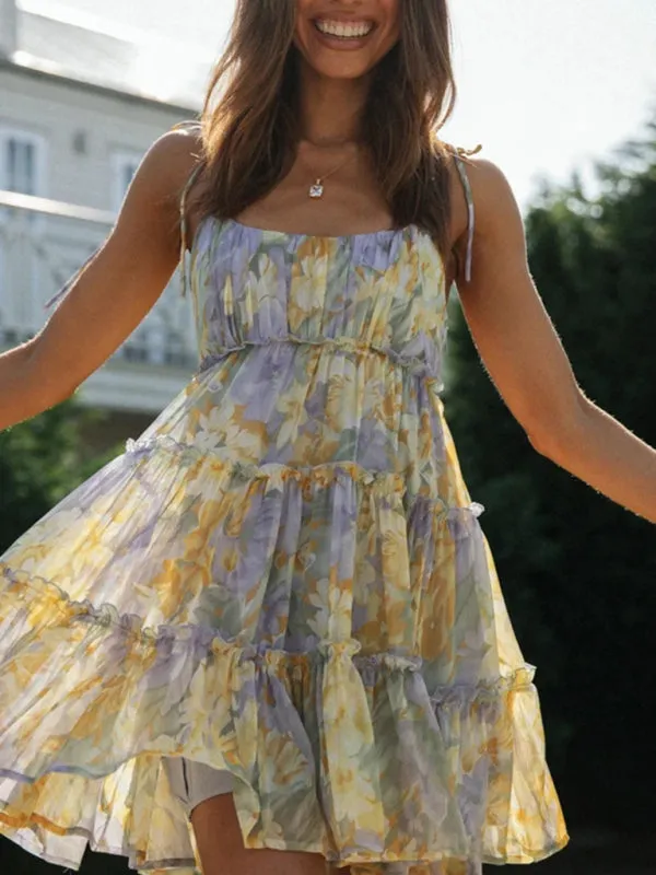 Floral Mini Dress with Tiered Ruffles and Spaghetti Straps