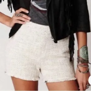 Free People Tweed High Waist Frayed Hem Lined Shorts Size 0 Minimalist Vanilla