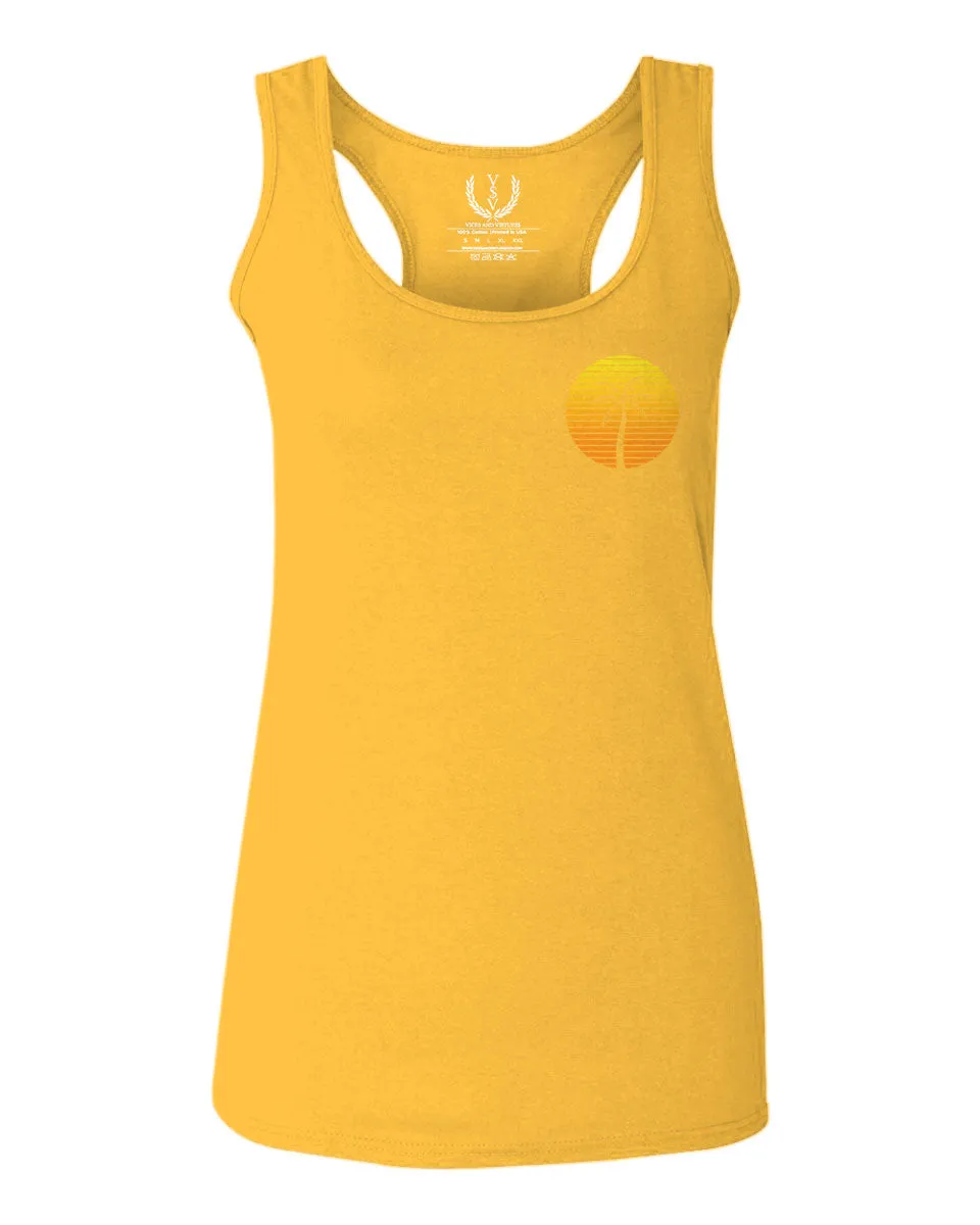 Front and Back Vintage Retro Palm Trees Beach Sunset Tropical Summer Vacation  women's Tank Top sleeveless Racerback