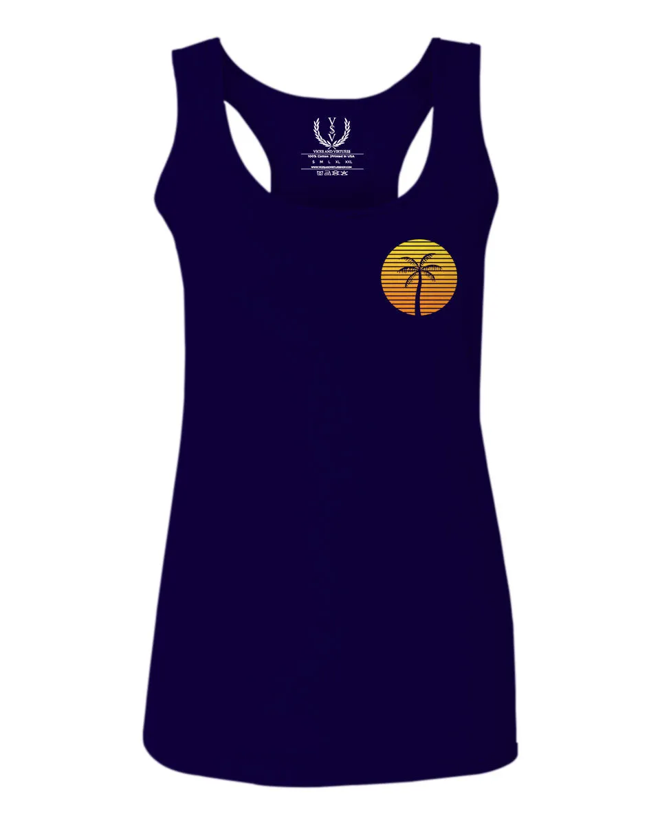 Front and Back Vintage Retro Palm Trees Beach Sunset Tropical Summer Vacation  women's Tank Top sleeveless Racerback