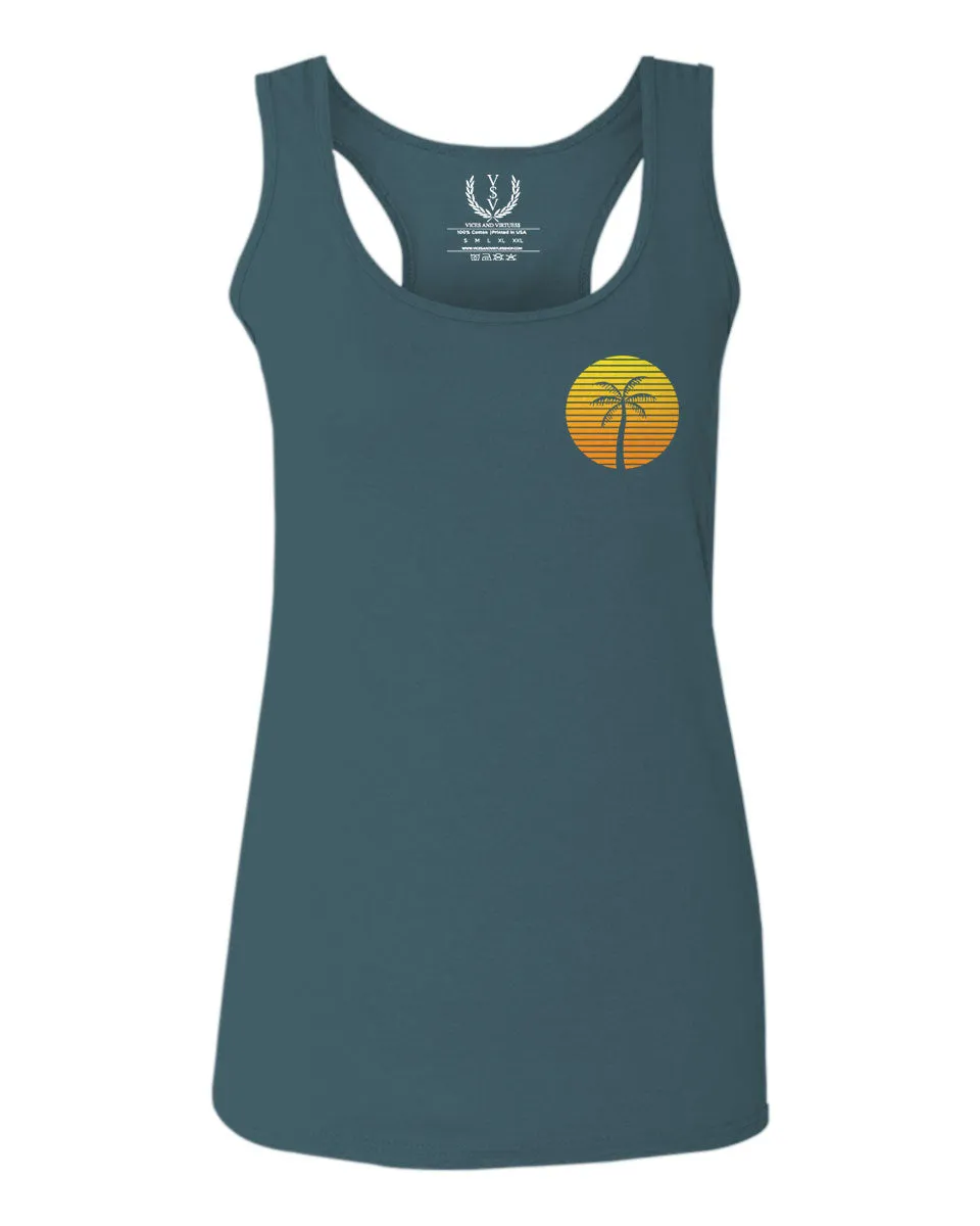 Front and Back Vintage Retro Palm Trees Beach Sunset Tropical Summer Vacation  women's Tank Top sleeveless Racerback