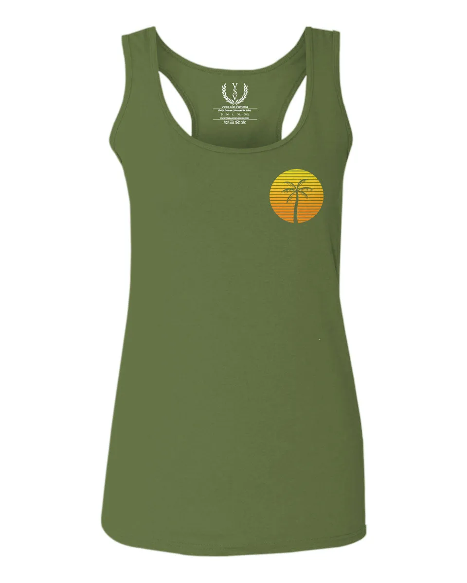 Front and Back Vintage Retro Palm Trees Beach Sunset Tropical Summer Vacation  women's Tank Top sleeveless Racerback