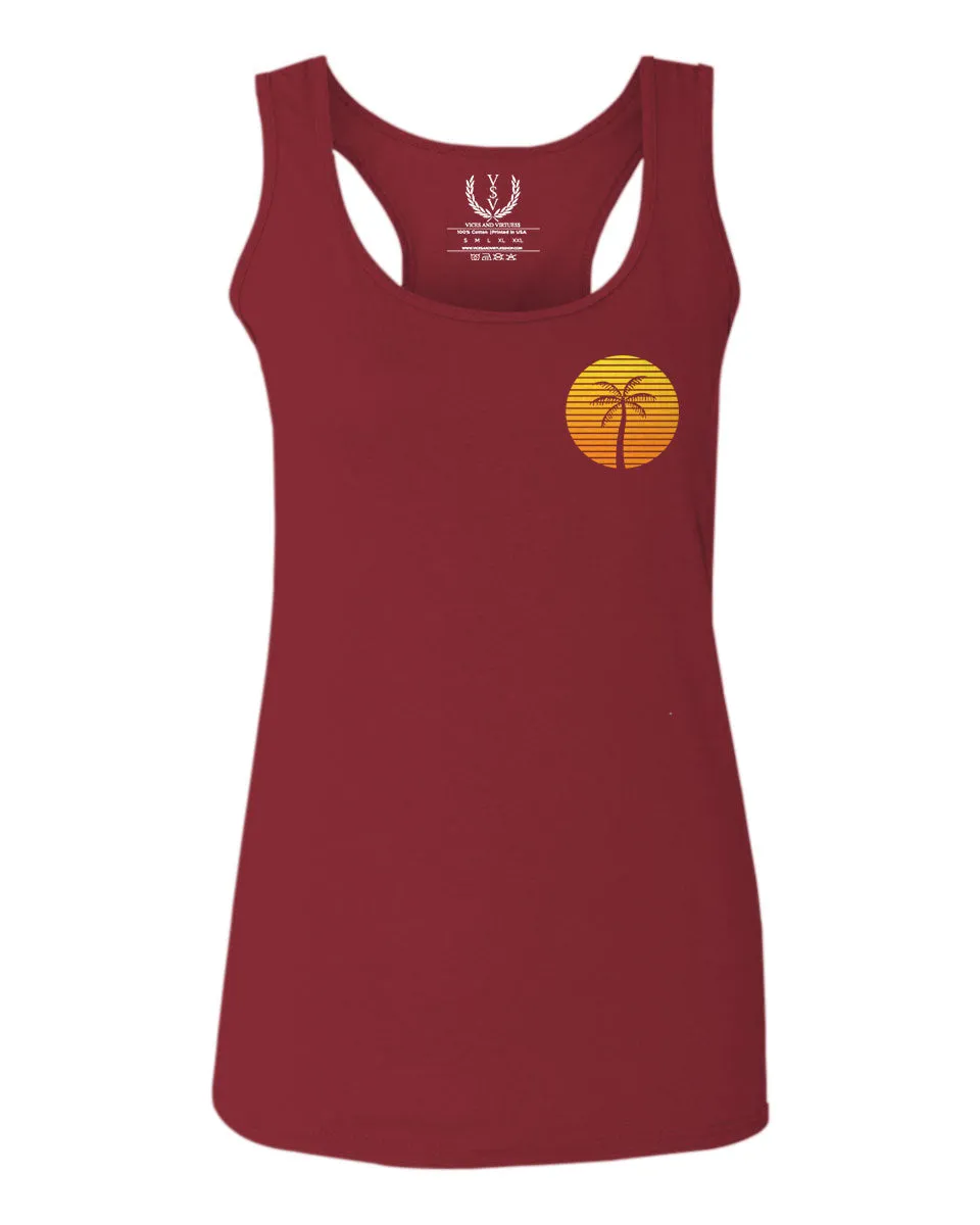 Front and Back Vintage Retro Palm Trees Beach Sunset Tropical Summer Vacation  women's Tank Top sleeveless Racerback