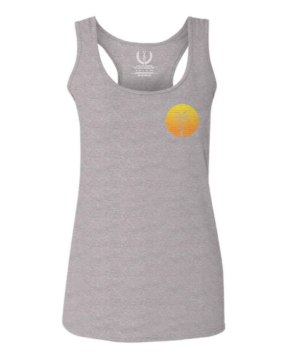 Front and Back Vintage Retro Palm Trees Beach Sunset Tropical Summer Vacation  women's Tank Top sleeveless Racerback