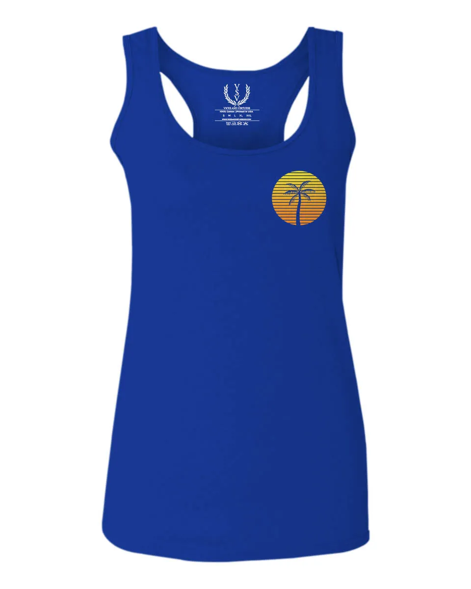 Front and Back Vintage Retro Palm Trees Beach Sunset Tropical Summer Vacation  women's Tank Top sleeveless Racerback