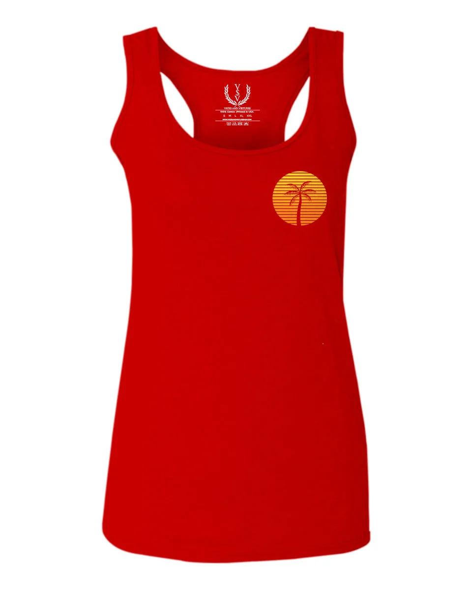 Front and Back Vintage Retro Palm Trees Beach Sunset Tropical Summer Vacation  women's Tank Top sleeveless Racerback