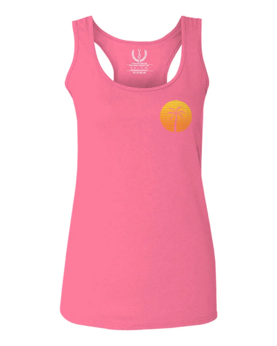Front and Back Vintage Retro Palm Trees Beach Sunset Tropical Summer Vacation  women's Tank Top sleeveless Racerback