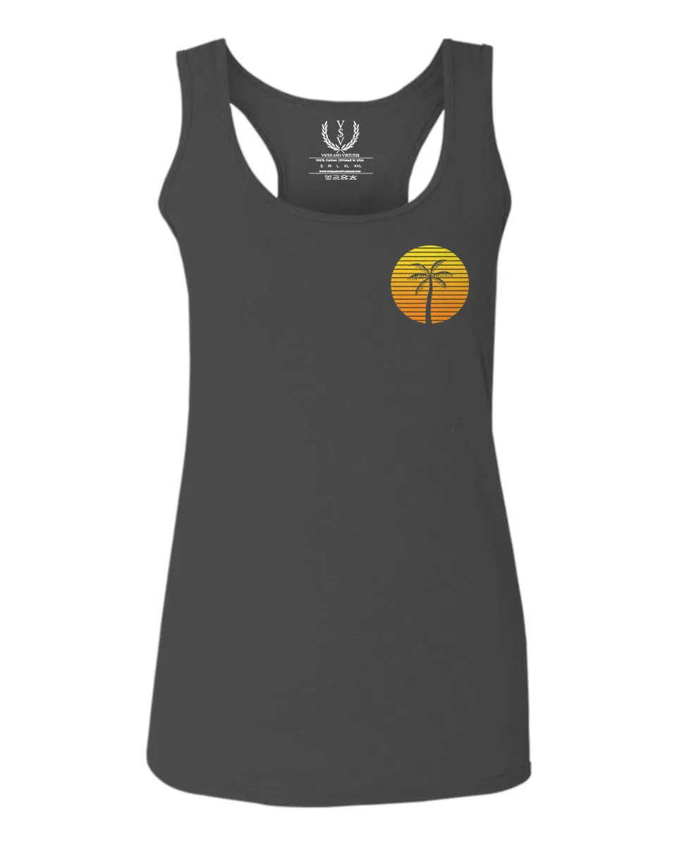 Front and Back Vintage Retro Palm Trees Beach Sunset Tropical Summer Vacation  women's Tank Top sleeveless Racerback