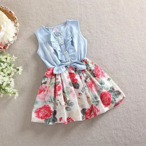 Girl Dress Floral Print Girl Denim Dresses Sleeveless Kids Dresses for Girls Fashion Toddler Girl Dresses Robe Fille