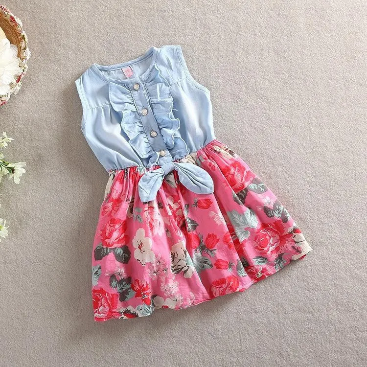 Girl Dress Floral Print Girl Denim Dresses Sleeveless Kids Dresses for Girls Fashion Toddler Girl Dresses Robe Fille