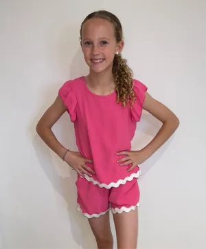 Girls Bright Pink And White Two Piece  Shorts Set