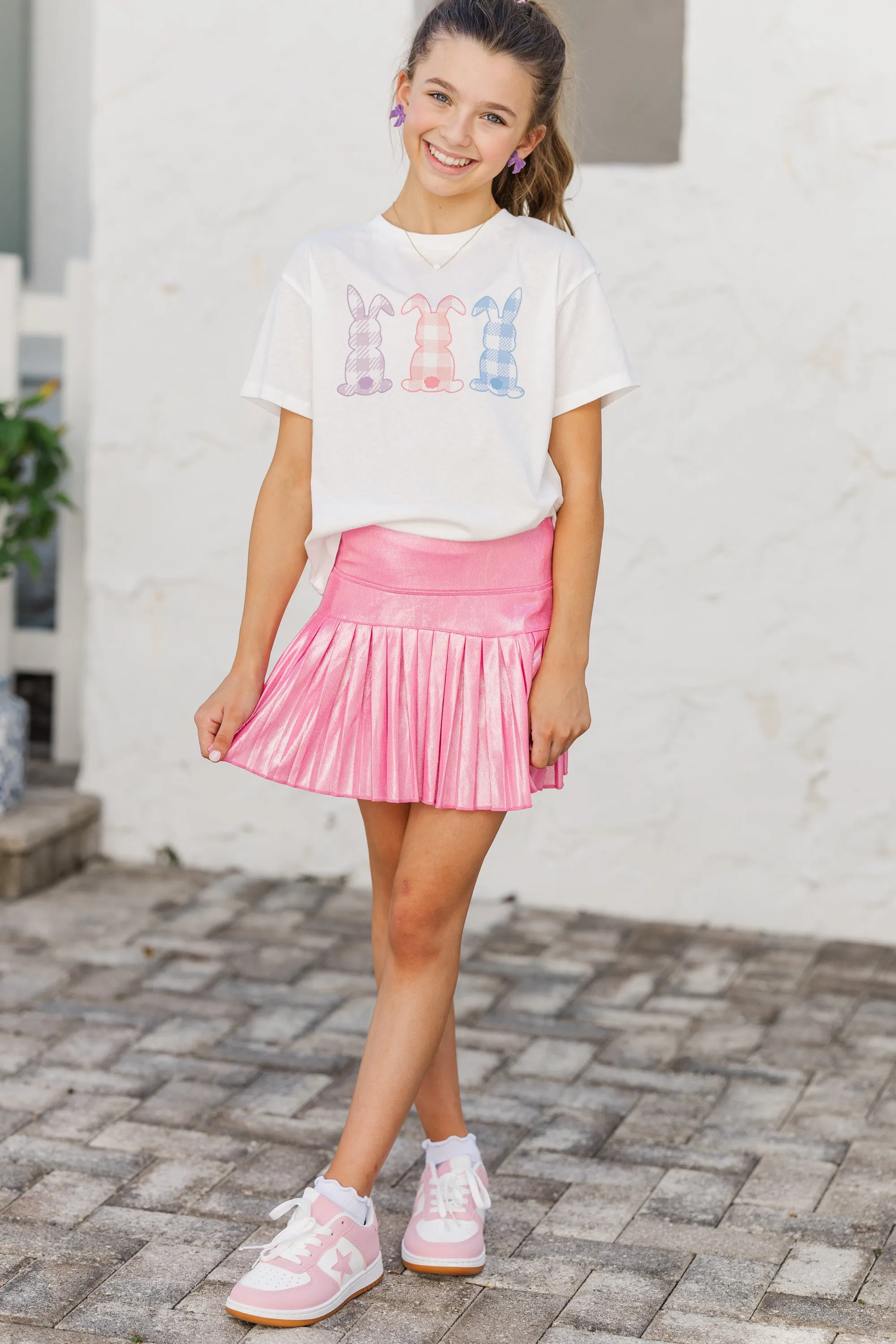 Girls: Gingham Bunnies White Graphic Tee