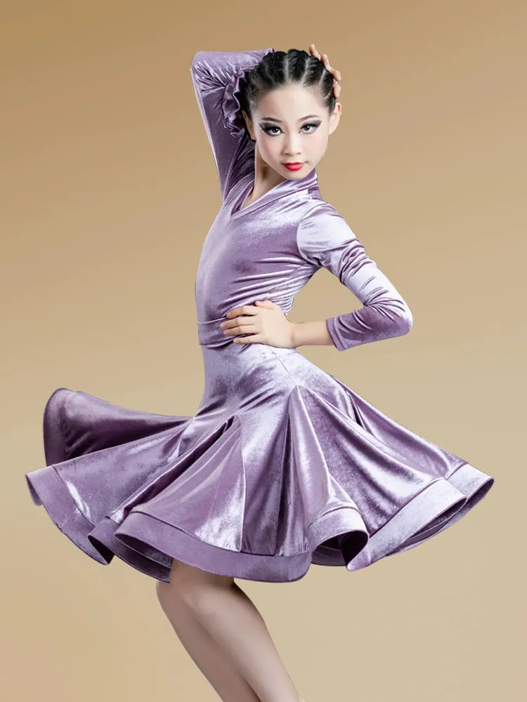 Girls Light Blue Purple Velvet Latin Dance Dresses Children Exam Clothes Long-sleeved Salsa Rumba Chacha Performance Outfits