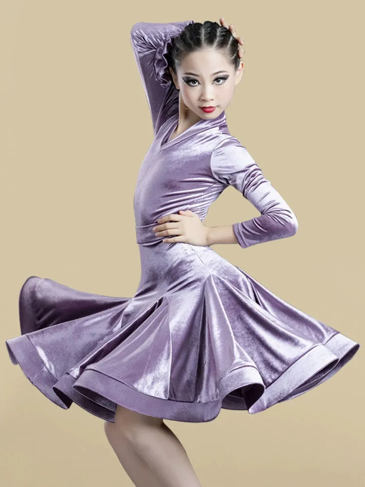 Girls Light Blue Purple Velvet Latin Dance Dresses Children Exam Clothes Long-sleeved Salsa Rumba Chacha Performance Outfits