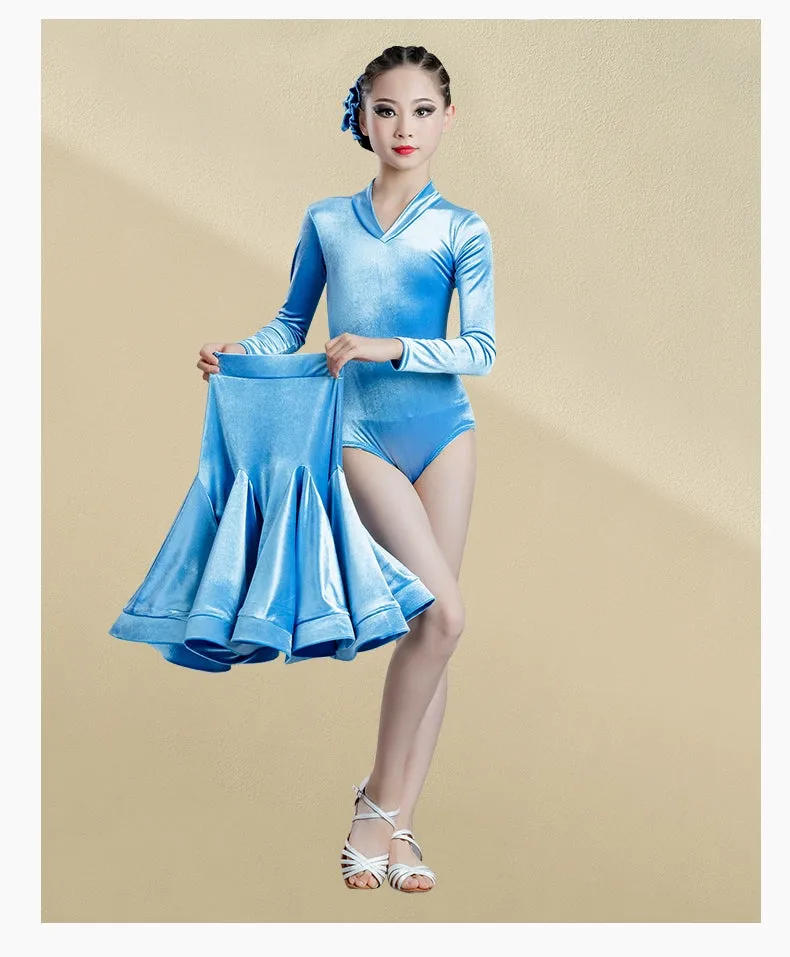 Girls Light Blue Purple Velvet Latin Dance Dresses Children Exam Clothes Long-sleeved Salsa Rumba Chacha Performance Outfits