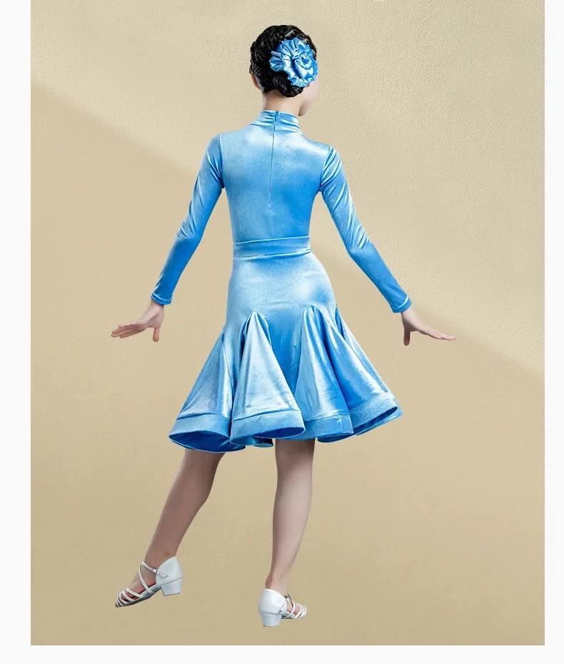 Girls Light Blue Purple Velvet Latin Dance Dresses Children Exam Clothes Long-sleeved Salsa Rumba Chacha Performance Outfits