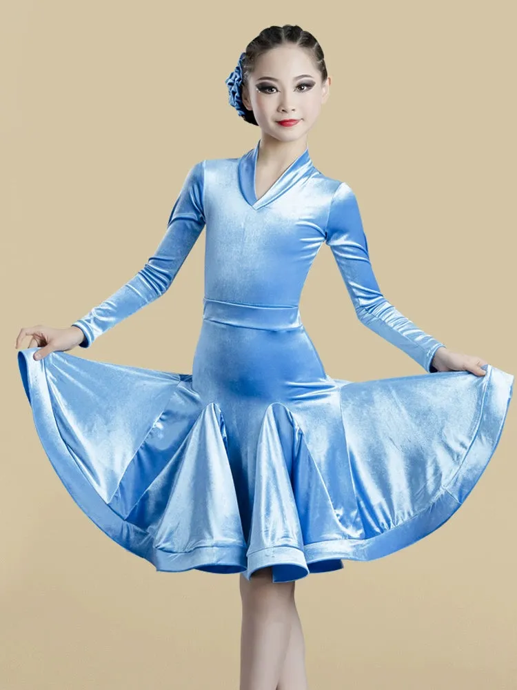 Girls Light Blue Purple Velvet Latin Dance Dresses Children Exam Clothes Long-sleeved Salsa Rumba Chacha Performance Outfits