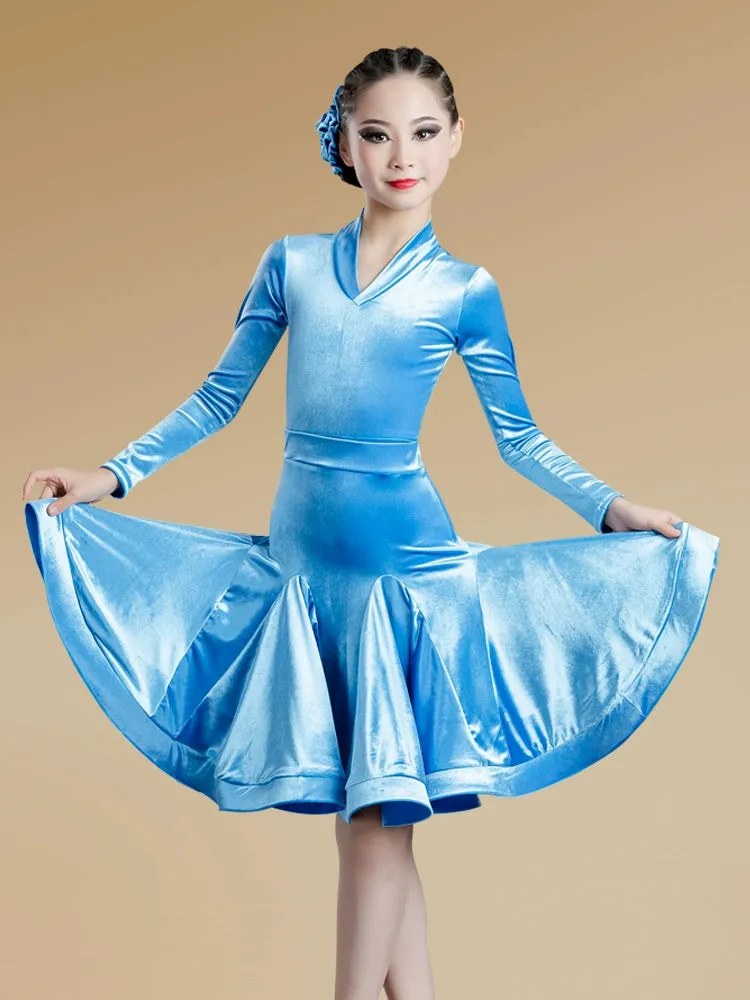 Girls Light Blue Purple Velvet Latin Dance Dresses Children Exam Clothes Long-sleeved Salsa Rumba Chacha Performance Outfits