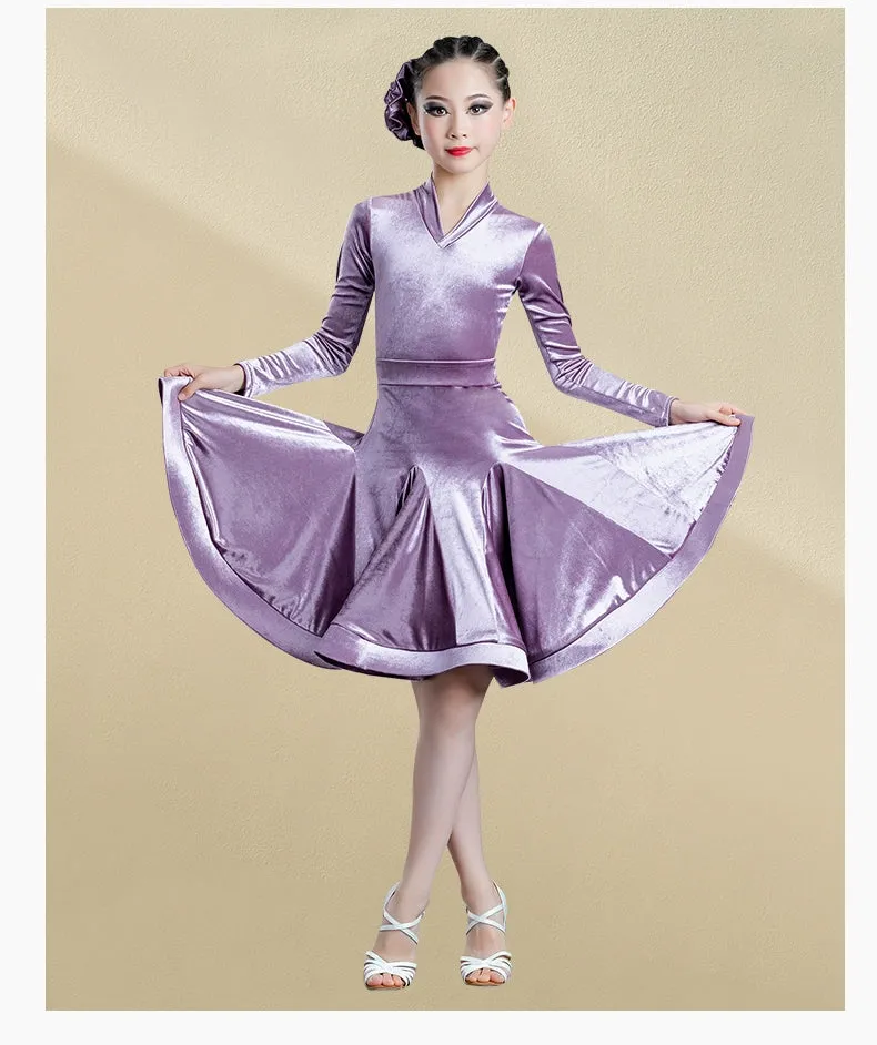 Girls Light Blue Purple Velvet Latin Dance Dresses Children Exam Clothes Long-sleeved Salsa Rumba Chacha Performance Outfits