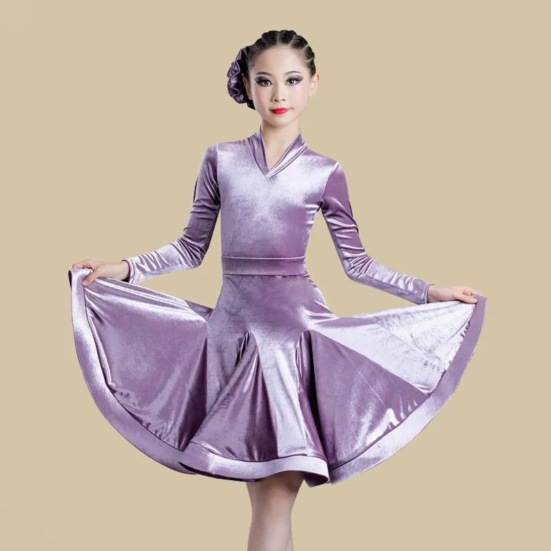 Girls Light Blue Purple Velvet Latin Dance Dresses Children Exam Clothes Long-sleeved Salsa Rumba Chacha Performance Outfits