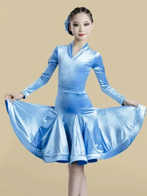 Girls Light Blue Purple Velvet Latin Dance Dresses Children Exam Clothes Long-sleeved Salsa Rumba Chacha Performance Outfits
