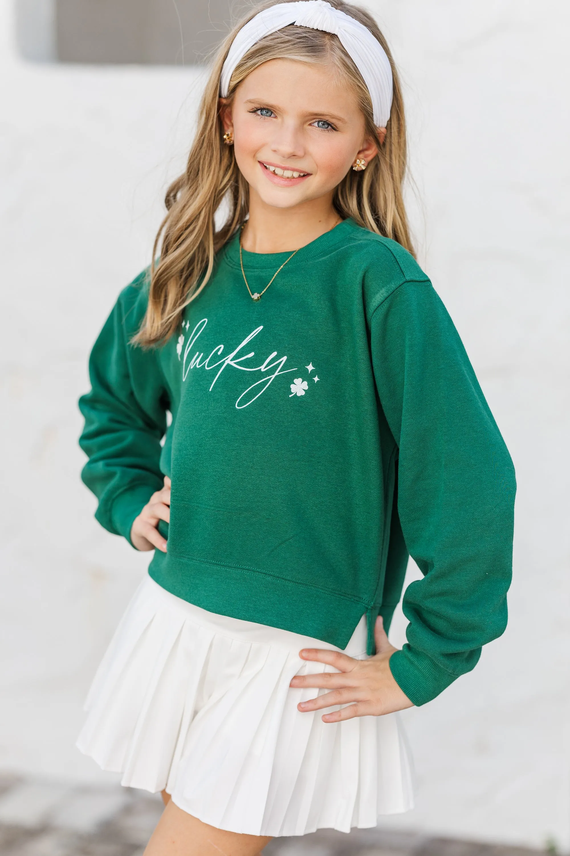Girls: Lucky Script Emerald Embroidered Sweatshirt
