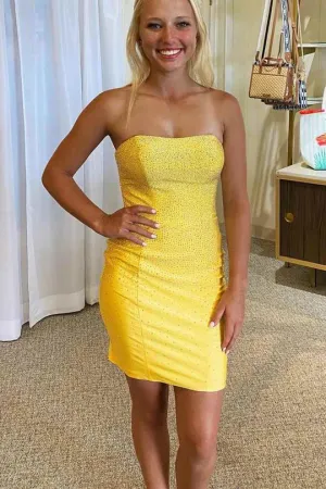 Glitter Yellow Bodycon Strapless Lace Up Short Homecoming Dress