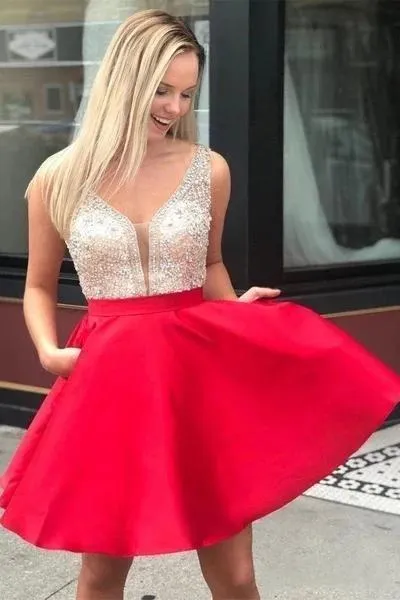 Gold V Neck Beaded Short Homecoming Dresses Online, Cheap Short Prom Dresses, CM838