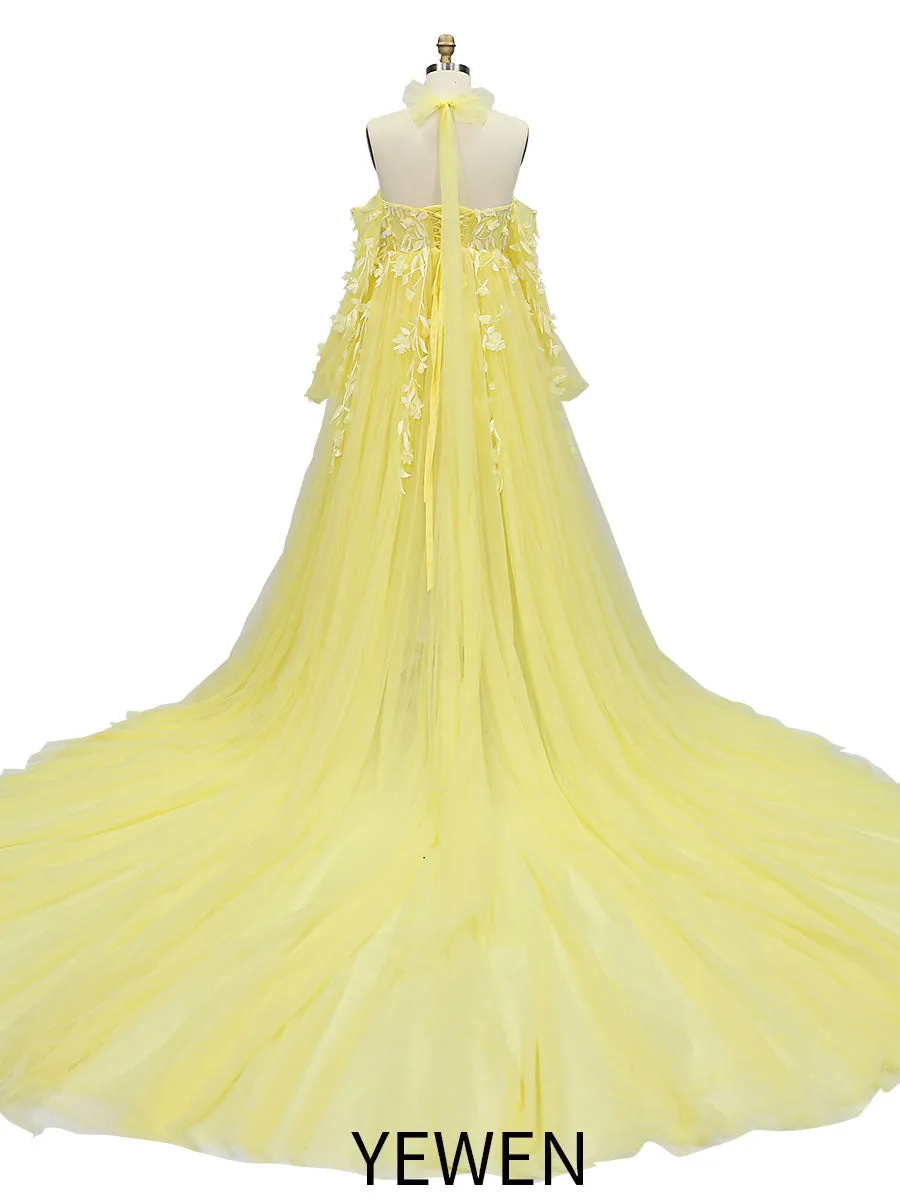 Gorgeous Long Sleeve Tulle Lace Flower Maternity Gown for Photoshooting YW221109-1